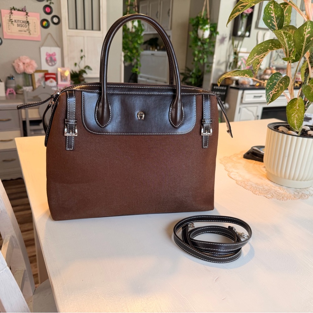 Vintage Etienne Aigner Brown Canvas & Leather Satchel Crossbody